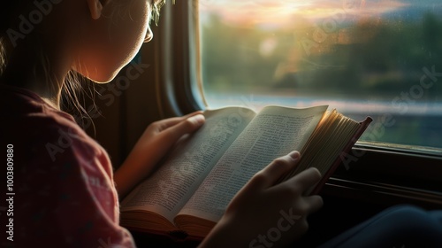 Close-up shot of a child reading a book on a moving train, with a blurred landscape outside the window. Close-focus on the child's hands and the book page. Realistic lighting and textures.