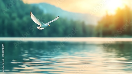 Seagull soaring over tranquil lake waters at sunset, surrounded by lush greenery and soft reflections. photo