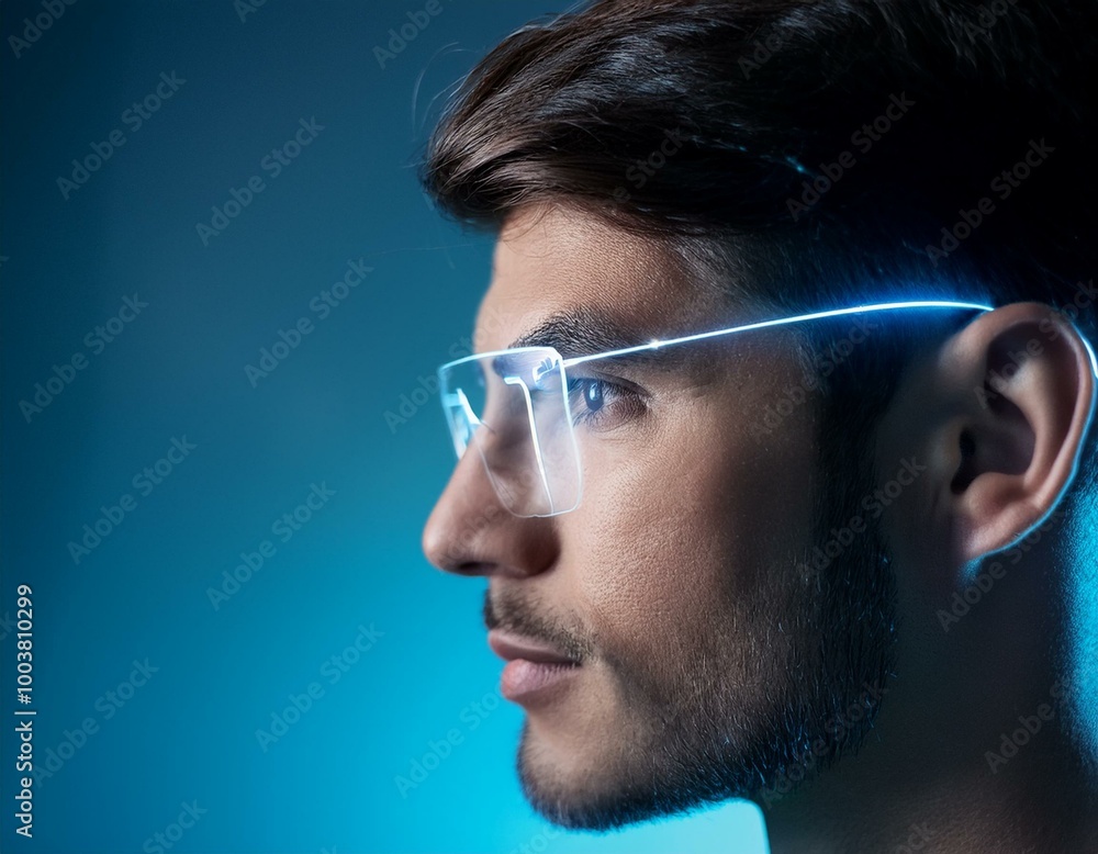 Profile of Male Face with Defined Features and Augmented Reality Glasses Outline - Generative AI Profile of Male Face with Defined Features and Augmented Reality Glasses Outline - Generative AI