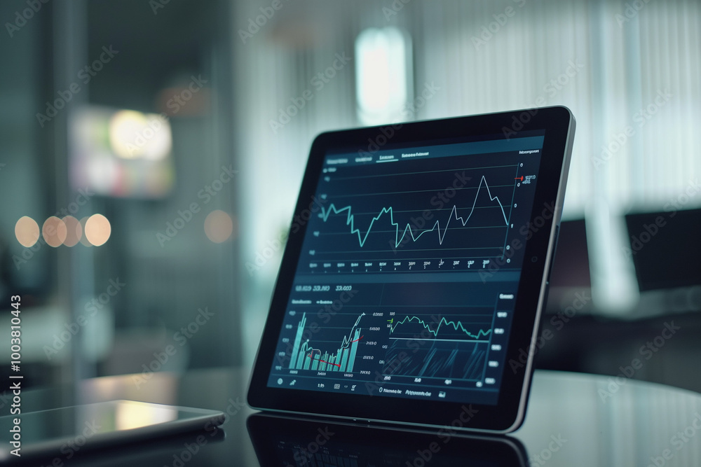 Transparent line graph on a tablet screen in a well-lit room Transparent line graph on a tablet screen in a well-lit room