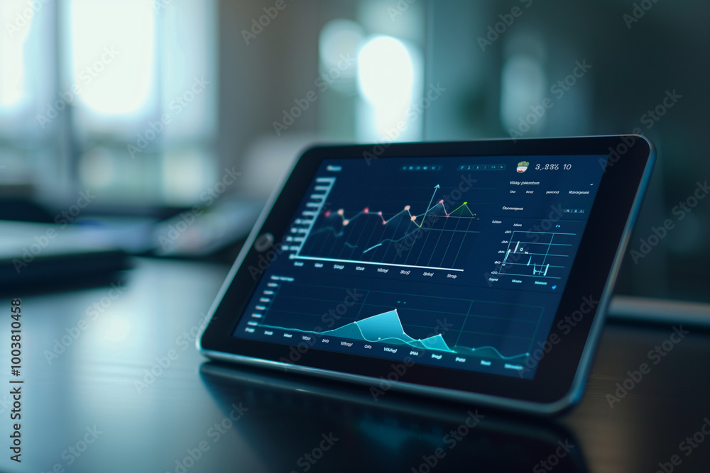 Transparent line graph on a tablet screen in a well-lit room