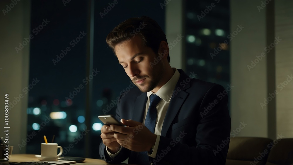 Businessman browsing on a smartphone in a dim office at night. Businessman browsing on a smartphone in a dim office at night.