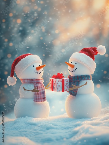 Two cute snowmen exchanging gifts in the winter christmas landscape, festive and heartwarming scene, Merry christmas and happy new year greeting card. photo