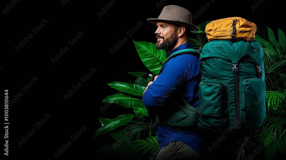 Adventurous Spirit: A man with a backpack and hat, stands amidst lush greenery, ready to embark on a journey into the unknown. The image exudes a sense of wanderlust and exploration. Adventurous Spirit: A man with a backpack and hat, stands amidst lush greenery, ready to embark on a journey into the unknown. The image exudes a sense of wanderlust and exploration.