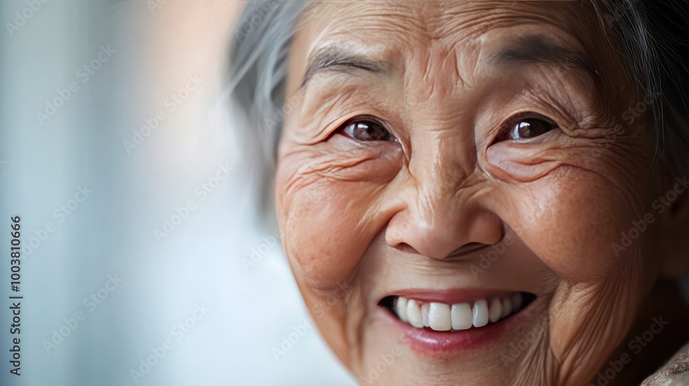 Close-up of a joyful Asian elderly woman laughing, with expressive eyes and delicate wrinkles, captured in natural light, sharp focus on the details of her face, vibrant and lifelike skin textures. Close-up of a joyful Asian elderly woman laughing, with expressive eyes and delicate wrinkles, captured in natural light, sharp focus on the details of her face, vibrant and lifelike skin textures.