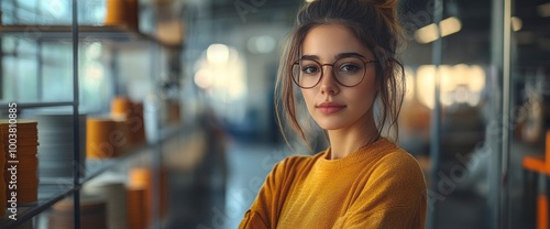 Confident Young Woman with Glasses Looking at Camera