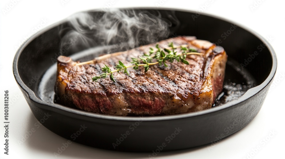Grilled Steak with Fresh Thyme in Cast Iron Skillet Grilled Steak with Fresh Thyme in Cast Iron Skillet