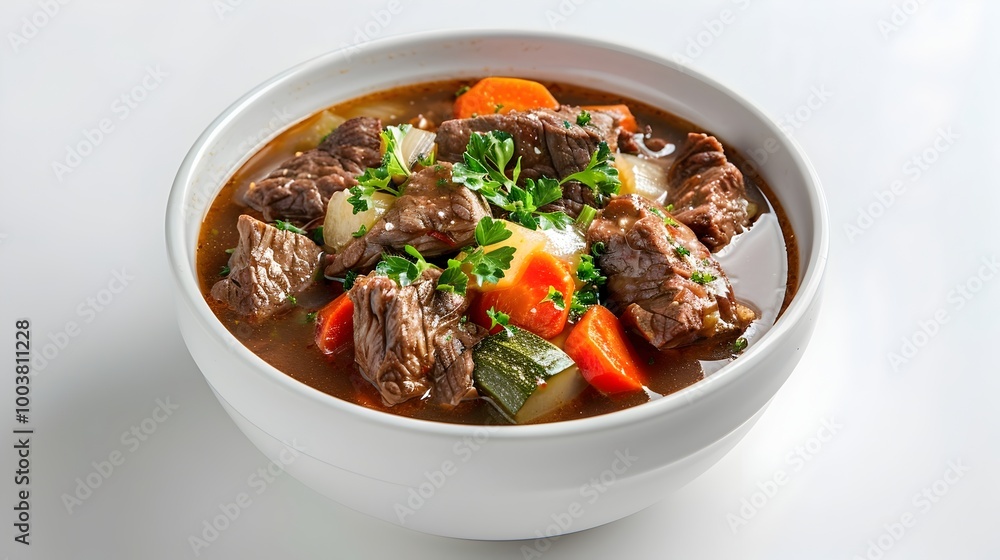 Hearty Beef Stew in a White Bowl on a Clean White Background Highlighting the Rich Vibrant Colors of the Dish Hearty Beef Stew in a White Bowl on a Clean White Background Highlighting the Rich Vibrant Colors of the Dish