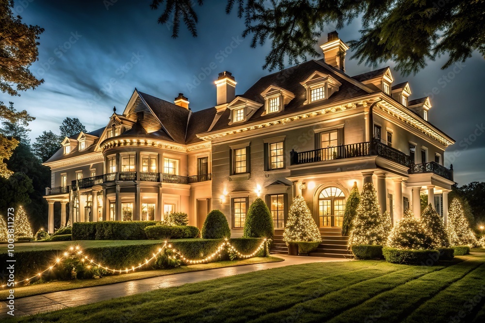 Obraz premium Low angle black mansion with golden lights around greenery historic place