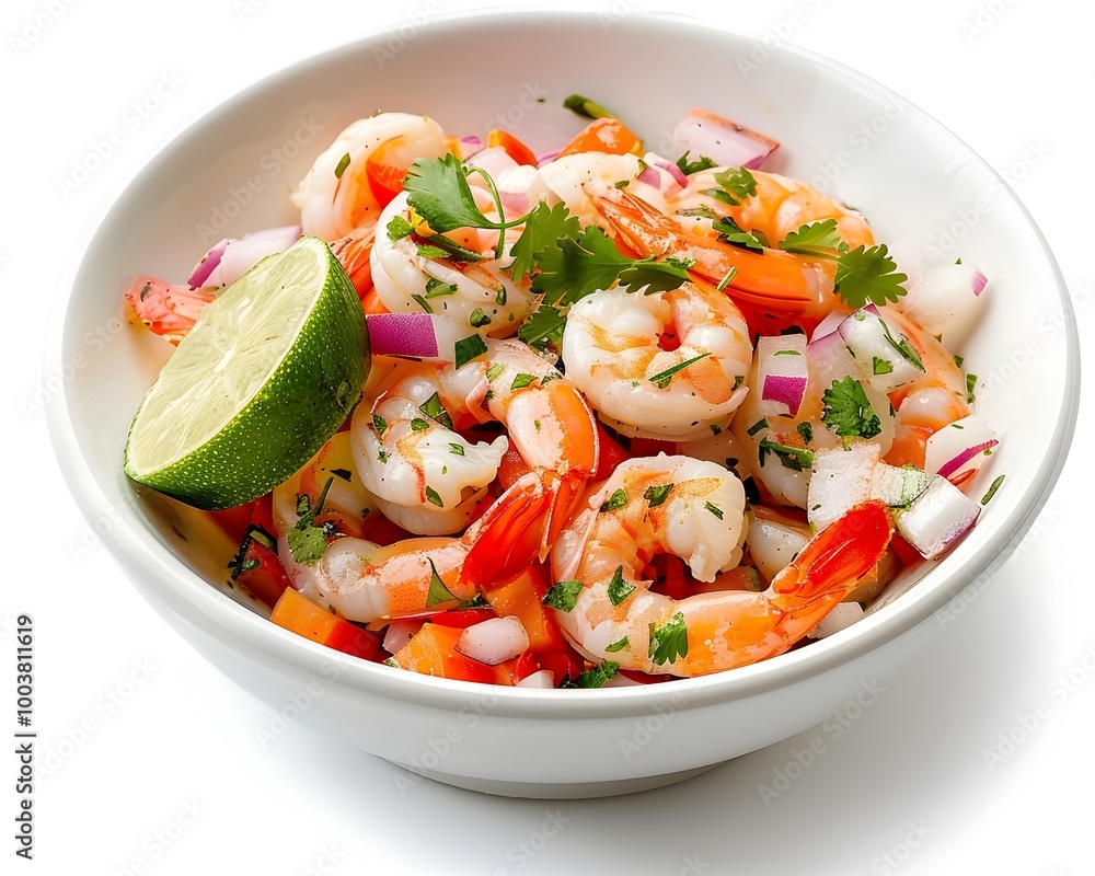 Fresh Tangy Ceviche with Shrimp and Lime in White Bowl on Isolated Background Fresh Tangy Ceviche with Shrimp and Lime in White Bowl on Isolated Background
