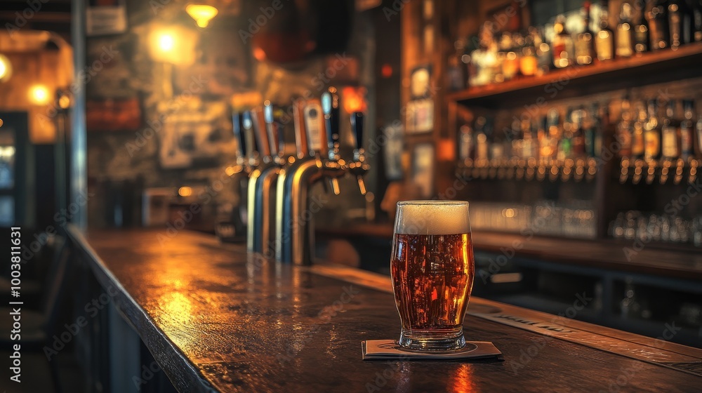 Cozy Bar Scene with Glass of Beer on Counter Cozy Bar Scene with Glass of Beer on Counter