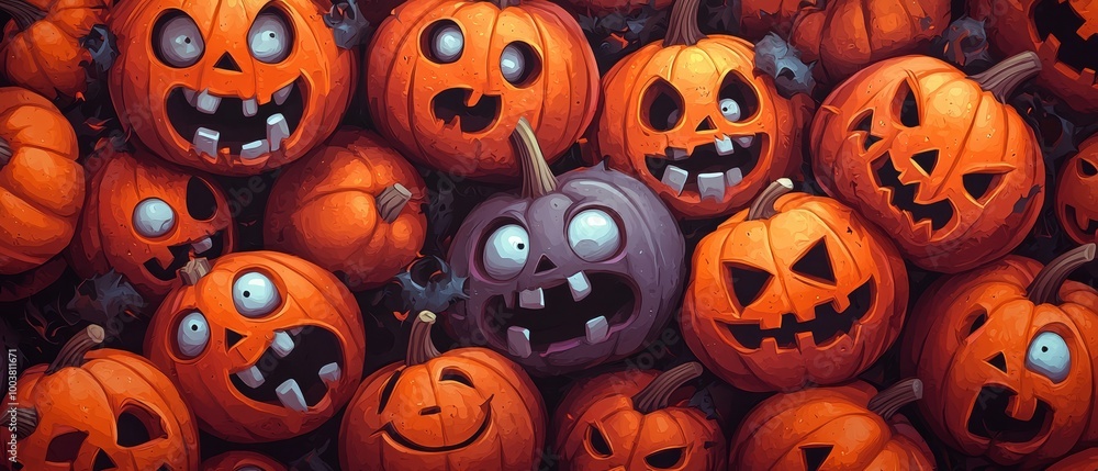 A pile of Halloween pumpkins with Jack-o-lantern faces carved into them A pile of Halloween pumpkins with Jack-o-lantern faces carved into them