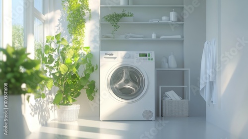 Bright and Modern Laundry Room with Plants and Washer