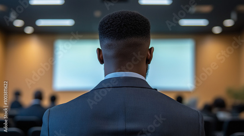 A view of a Black businessman in a conference room during a presentation. professional duties, executive role, corporate presentation, business strategy