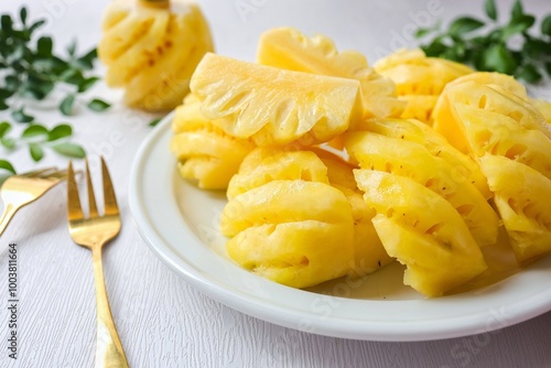 Fresh Pineapple in white plate on white background
,phulae pineapple photo