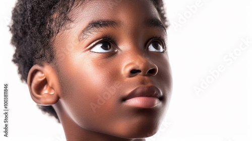 A close up photo portrait of a strikingly beautiful african american boy