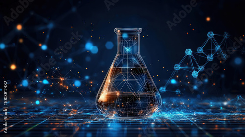 A laboratory flask filled with a liquid, surrounded by digital elements representing scientific research and innovation.