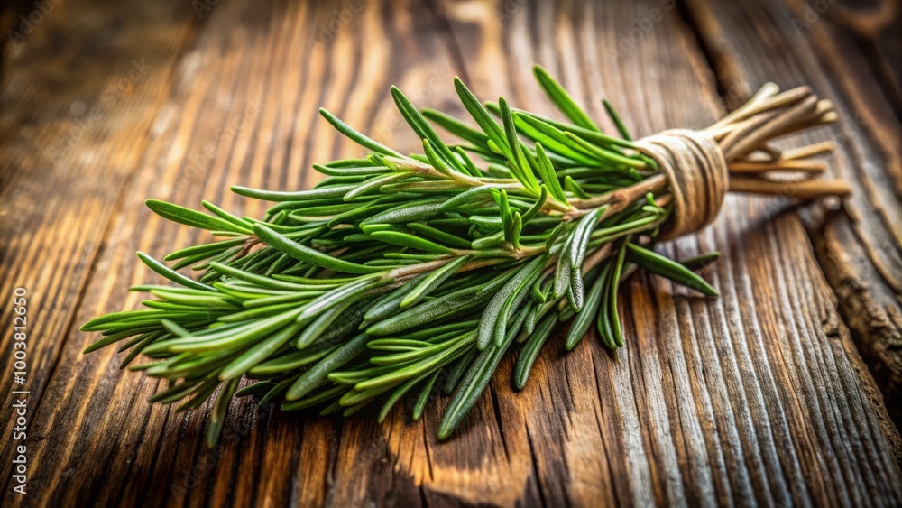A vibrant bunch of fresh rosemary on a wooden table, ideal for culinary delights and aromatherapy, elevating flavors A vibrant bunch of fresh rosemary on a wooden table, ideal for culinary delights and aromatherapy, elevating flavors