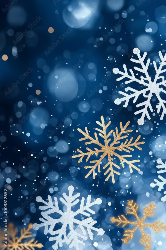 A tight shot of a solitary snowflake against a backdrop of tranquil blue, embellished with nearby white and golden snowflakes A tight shot of a solitary snowflake against a backdrop of tranquil blue, embellished with nearby white and golden snowflakes