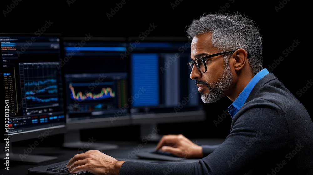 Focused on the Numbers: A seasoned financial professional analyzes data on multiple monitors, his keen gaze reflecting a dedication to achieving success in the high-stakes world of finance. Focused on the Numbers: A seasoned financial professional analyzes data on multiple monitors, his keen gaze reflecting a dedication to achieving success in the high-stakes world of finance.