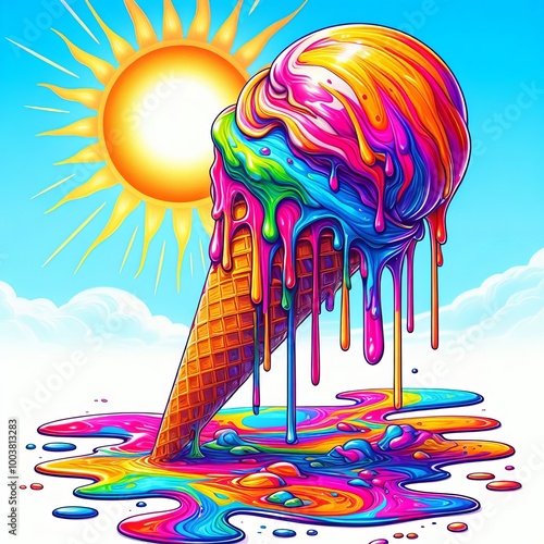 A vibrant, rainbow-colored ice cream cone melting dramatically under a bright sun