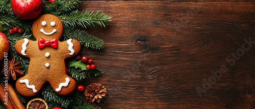  A tight shot of a Christmas tree adorned with a gingerbread figure atop, along with an apple, while a smaller gingerbread figurine rests at its base