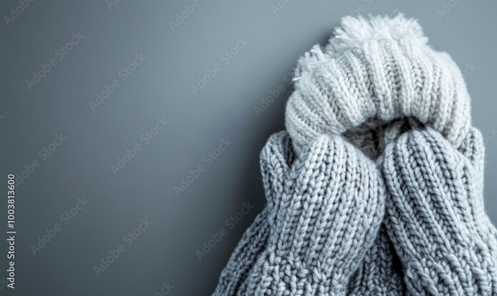 A cozy scene showcasing a warm, knitted scarf and mittens against a gentle gray backdrop A cozy scene showcasing a warm, knitted scarf and mittens against a gentle gray backdrop