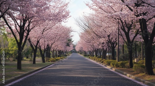 A charming road lined with cherry blossom trees in full bloom, leading toward a horizon of possibility. The beauty of the scenery inspires motivation and the pursuit of success.