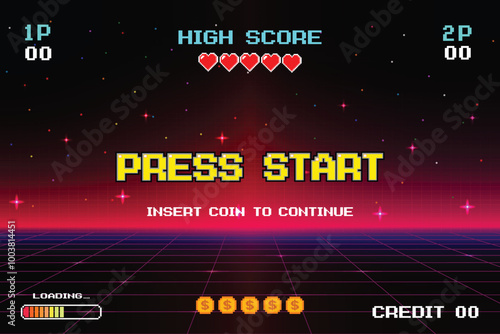 PRESS START INSERT A COIN TO CONTINUE .pixel art .8 bit game. retro game. for game assets .Retro Futurism Sci-Fi Background. glowing neon grid. and stars from vintage arcade computer games