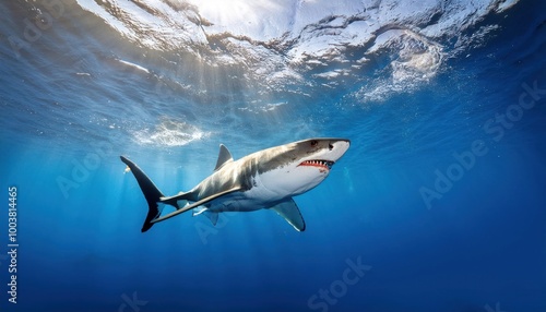 Great white shark who looks like Bruce from Finding Nemo movie in the blue Pacific Ocean 