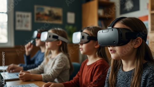 Children using virtual reality headsets in an interactive classroom.