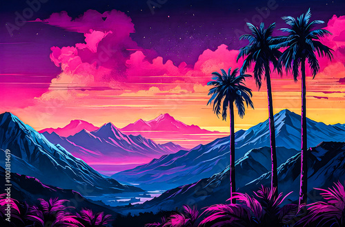 80s Vaporwave Mountains and Palm Trees Neon pink and purple palm trees against deep blue mountainssunset, beach, palm, tropical, tree, sea, sky, sun, summer, ocean, island, landscape, nature, sunrise, photo