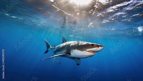 Great white shark who looks like Bruce from Finding Nemo movie in the blue Pacific Ocean 
