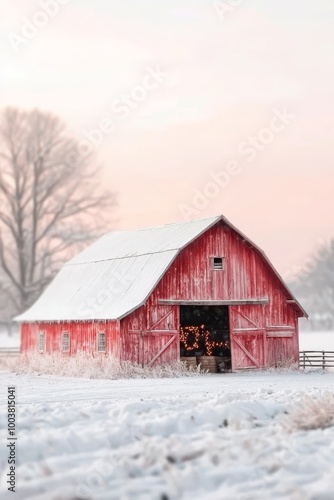  A red barn lies in a snowy field's center, surrounded by trees and boasting a gentle covering of snow on both ground and structures