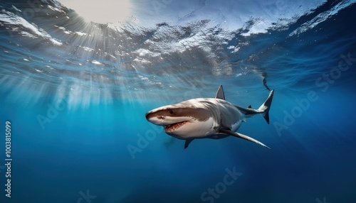 Great white shark who looks like Bruce from Finding Nemo movie in the blue Pacific Ocean 
