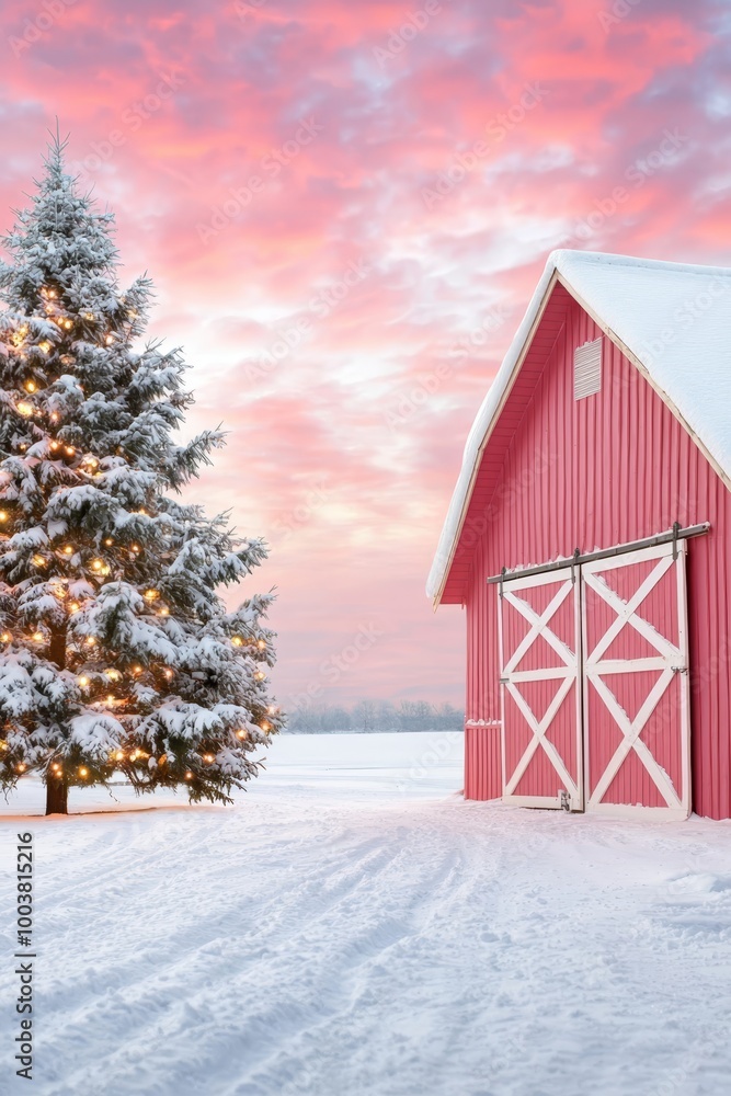 A red barn in snowy foreground Christmas tree in foreground Pink sky background A red barn in snowy foreground Christmas tree in foreground Pink sky background