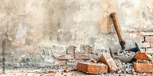 Building site featuring bricks and demolition equipment photo