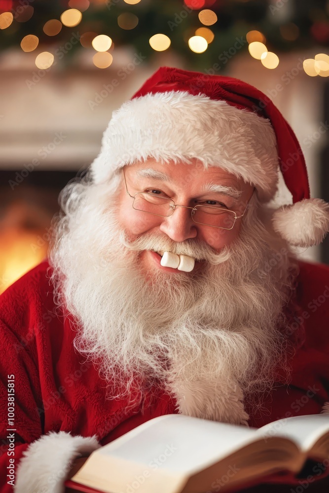 A person in a Santa Claus suit, close-up, holds a book in front of a fireplace A person in a Santa Claus suit, close-up, holds a book in front of a fireplace