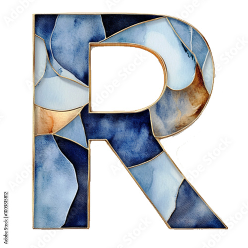 Artistic Stained Glass Letter R in Blue and Gold Tones, Decorative Monogram Design for Elegant Typography and Creative Branding Concepts photo