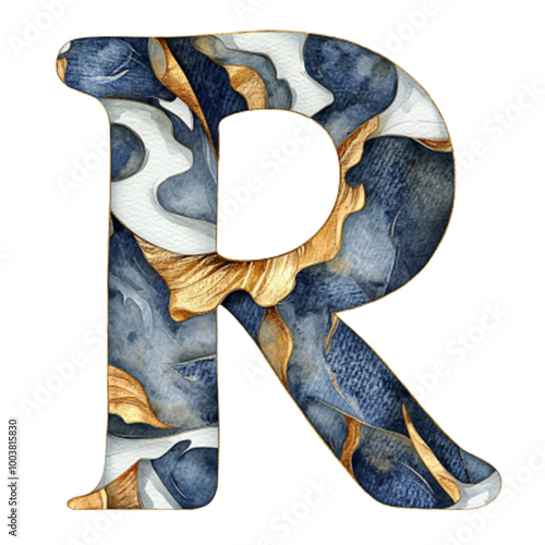 Artistic Stained Glass Letter R in Blue and Gold Tones, Decorative Monogram Design for Elegant Typography and Creative Branding Concepts photo