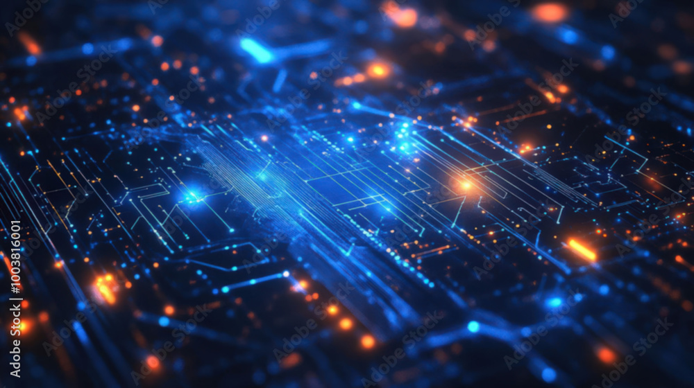 Abstract digital circuit board glowing in blue and orange lights, showcasing technology and connectivity in a futuristic design. Abstract digital circuit board glowing in blue and orange lights, showcasing technology and connectivity in a futuristic design.