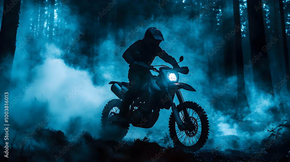 Motorcycle Rider Speeds Through Misty Forest Motorcycle Rider Speeds Through Misty Forest