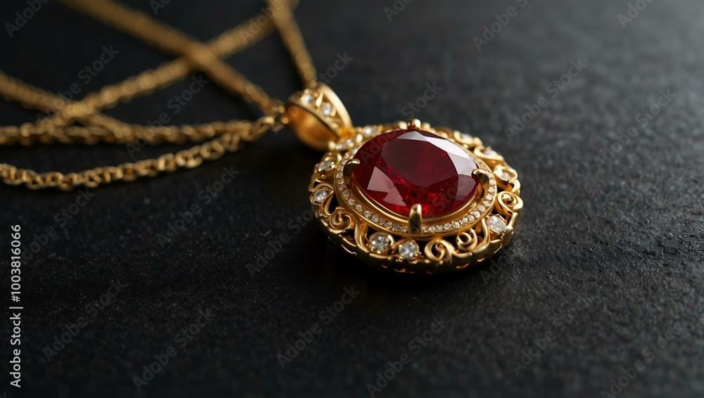 Close-up of a gold necklace with a red ruby pendant. Close-up of a gold necklace with a red ruby pendant.