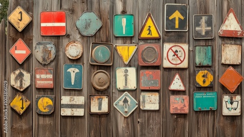 A creative composition of vintage traffic signs, each with unique designs and colors, displayed on a rustic wooden fence. The charming scene reflects nostalgia and the evolution of road safety.