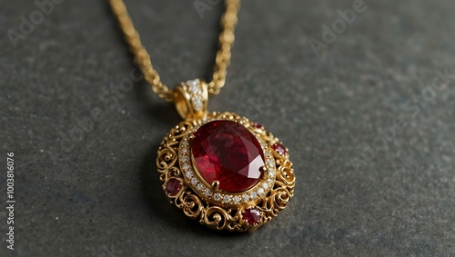 Close-up of a gold necklace with a ruby pendant.