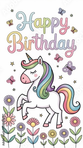 Obraz na płótnie Colorful Unicorn Happy Birthday Card with Flowers and Butterflies w salonie