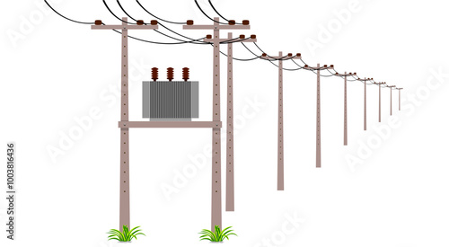 Electrical transformer on cement electric pole on the white background