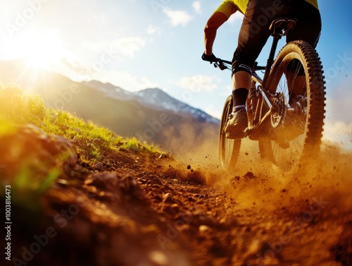 Wallpaper Mural A mountain biker riding on a dirt trail during sunset, creating a dynamic outdoor adventure scene. Torontodigital.ca