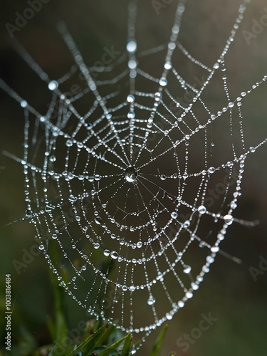 Close-up of a spider web adorned with dew drops.