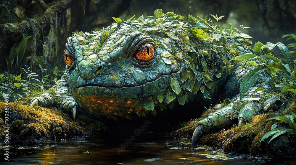 Mystical Green Frog in a Lush Rainforest Mystical Green Frog in a Lush Rainforest